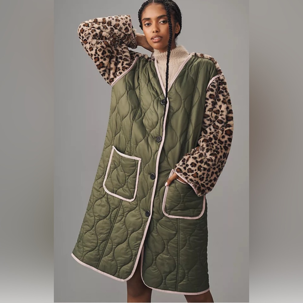 Anthropologie Quilted Olive Jacket Liner Coat Colorblock Leopard Sleeves NWT